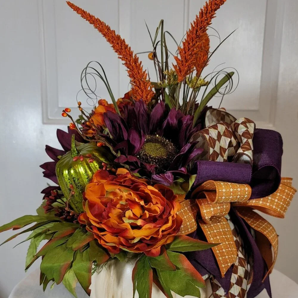 Fall Pumpkin with Purple Sunflowers & Orange Peonies Floral Arrangement - Medium